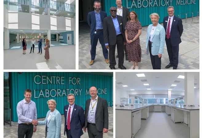 dame linda and phil wood taking part in a tour at new Centre for Laboratory Medicine